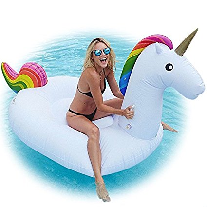 Slaiya Giant Unicorn Swimming Pool Float 8' Inflatable Raft for Kids and Adults Holds Up to 400lbs Inflates and Deflates Fast Premium Quality Toy, iver Tube, Oceans And Lakes (Rainbow)