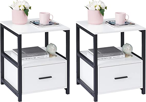 VECELO Nightstand Set of 2, Square End Side Table, Night Stands with Drawer and Storage Shelf for Bedroom, Living Room, Study Metal Frame, 2 Pack, White & Black