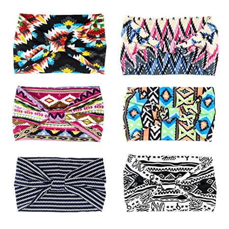 Yeshan Women's 5.5" Wide Yoga Headbands Elastic Boho Printed Floral Hairband Knotted Headwrap Hair Accessories,Pack of 6