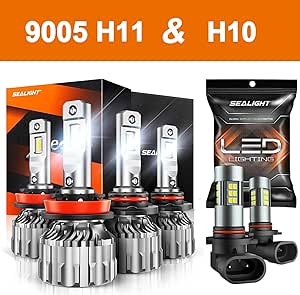 SEALIGHT H11 9005 Bulbs Combo 44000 Lumen Bundle H10 Fog Light Bulbs, 600% Brightness 6500K Cool White, H11 Lo Beam 9005 Hi Beam Light Bulb, Plug-N-Play 360-degree Illumination