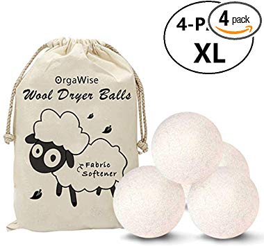 OrgaWise Wool Dryer Balls Set of 4 Pack XL 100% Organic Zealand Wool Dryer Balls Reusable Natural Fabric Softener Healthy Laundry Life Reduce Wrinkles & Static Cling, Shorten Drying Time(2.76 INCH)
