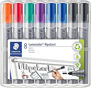 STAEDTLER Flipchart Marker Lumocolor, Rundspitze ca. 2 mm Linienbreite, lange Lebensdauer, nachfüllbar, farbintensiv, geruchsarm, hohe Qualität Made in Germany, Set mit 8 Farben, 356 WP8 X