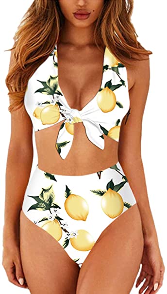 Cutiefox Women's Two Piece Swimsuit Tie Knot Front High Waist Bikini Bathing Suit