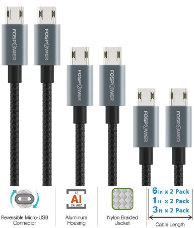 FosPower (6 Pack) Reversible Micro USB to USB 2.0 Cable (6in/1FT/3FT) - [Nylon Braided Jacket | Aluminum Housing] High Speed Sync & Charge Data Cable - Gray
