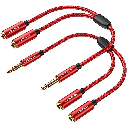 JSAUX Headphone Splitter 【2pack】 Audio Splitter 3.5mm Male TRS to 2 Dual 3.5mm Female Adapter Nylon-Braided Stereo Y Aux Cable Splitter [Red]