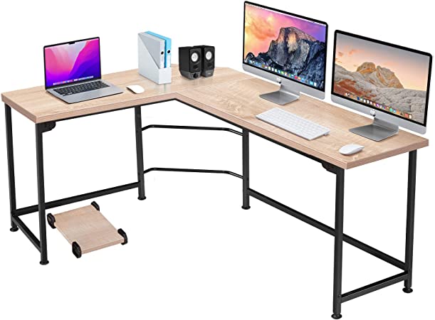 VECELO Modern Large Corner Computer Desks L-Shaped with CPU Stand/PC Laptop Study Writing Table Workstation for Home Office Wood & Metal, 66.3X18.9 inch, Oak