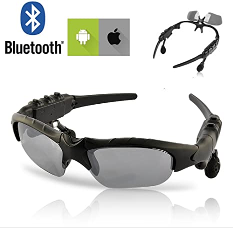 Bluetooth Wireless Sport Polarized Sunglasses Headphones, Tinted Glasses with Built-in Headset - for Biker, Motorcycle, Driving, Sports, Outdoor, Biking - Black Frame - Adjustable Sunshades Earbuds
