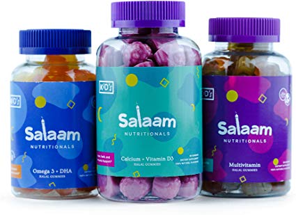 Salaam Nutritionals Children’s Halal Gummy Vitamin Pack - Dailty Multivitamins, Omega 3, Calcium - Kosher, Vegetarian, Non-GMO, Gluten, Dairy, Nut Free (1 Bottle of Each, 3 Bottles Total)