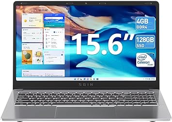 SGIN 15.6 Inch Laptop Computer, 4GB DDR4 RAM 128GB SSD Notebook, Laptop with Intel Celeron Qaud-Core Processor, Intel UHD Graphics 600, Webcam, Wi-Fi, Mini HDMI, Bluetooth 4.2, USB3.0