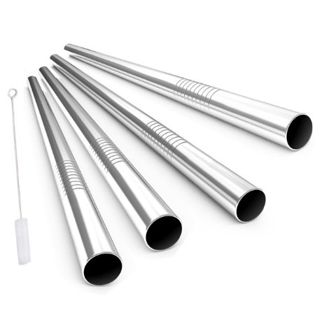 Alink Stainless Steel Straight Drinking Straws Extra Wide 12 mm X 9 in Fat BOBA Straw Set of 4 Plus Cleaning Brush