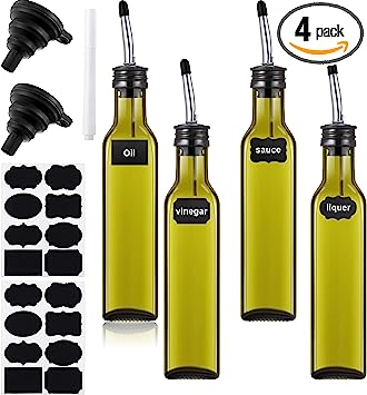 4 Pack Vinegar Cruet Olive Oil Glass Bottle Square Tall Glass Bottle Set with Stainless Steel Bottle Spout Pourer Foldable Silicone Funnel Label Sticker and Chalk Marker for Home Kitchen (Green)