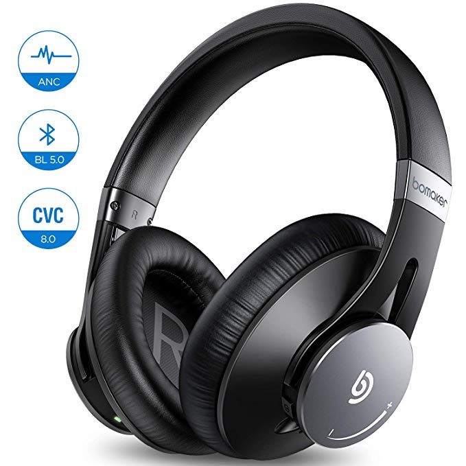 Wireless Active Noise Cancelling Headphones, Bomaker Wired & Wireless Bluetooth 5.0 Over Ear Headphone, Built-in Microphone, Hi-Fi Stereo Sound, CVC 8.0, with Waterproof Case, for PC/Mobile/TV, Black, ANC headphones