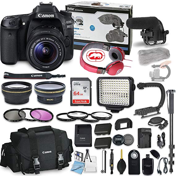 Canon EOS 80D DSLR Camera Bundle with Canon EF-S 18-55mm f/3.5-5.6 is STM Lens   Professional Video Accessory Bundle Includes ECKO Headphones, Microphone, LED Video Light and More. (28 Items)