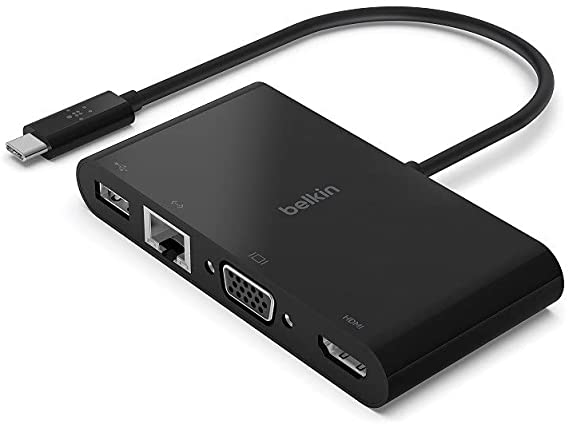 Belkin USB-C Multimedia Adapter (USB-C Hub w/VGA, 4K HDMI, USB 3.0, Ethernet Ports) for MacBook Pro, iPad Pro, Surface Pro, Chromebook More