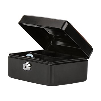 Small Cash Box with Key Lock, Decaller Portable Metal Money Box with Double Layer & 2 Keys for Security, Black, 6 1/5" x 5" x 3", QH1501XS