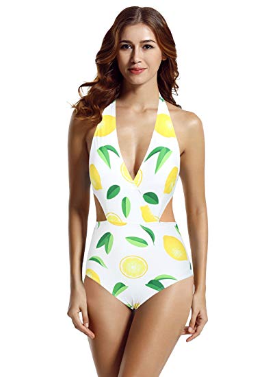 zeraca Women's Surplice Neckline High Waisted Halter One Piece Monokini Swimsuit