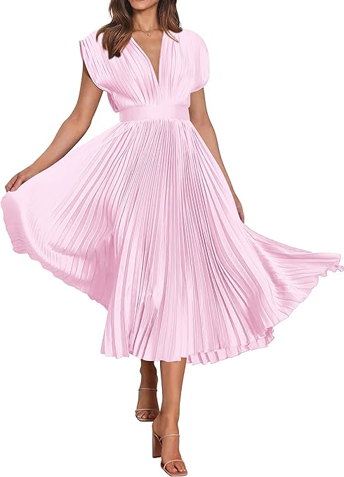 MASCOMODA Elegant Satin V Neck Pleated Midi Dress Short Sleeve Formal High Waisted Flowy Long Summer Dresses for Women 2023