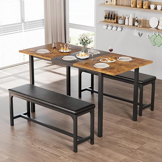 VECELO 3-Piece 63" Extendable Kitchen Table with Benches/Chairs, Modern Breakfast Dinette/Dining Room Set for 4/6/2, Small Space Saving Design, Easy Assembly, Brown