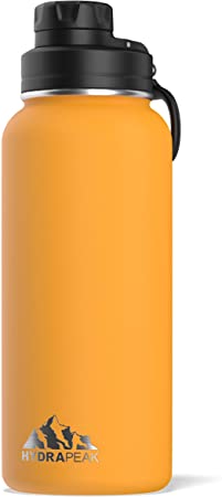 Hydrapeak Insulated Stainless Steel Water Bottle | 1 Liter Wide Mouth Reusable Bottle | Leak Proof Chug Lid | 32oz Triple Insulated Water Bottle | Metal Canteen Sports Flask - Mango