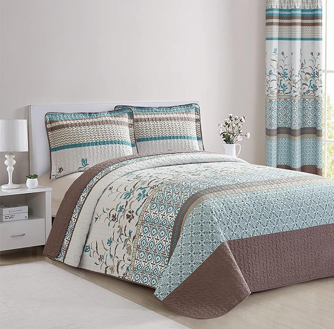 All American Collection 3 PC Floral Printed Brown and Turquoise Reversible Bedspread Quilt Set Coverlet and Pillow Sham Set Full/Queen Size