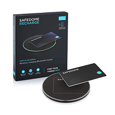 Safedome Recharge Bluetooth Tracking Card with Wireless Charging Pad, Water-Resistant and Rechargeable Slim Bluetooth Finder for Lost Phone, Bag, Wallet, and Purse, Free Companion App