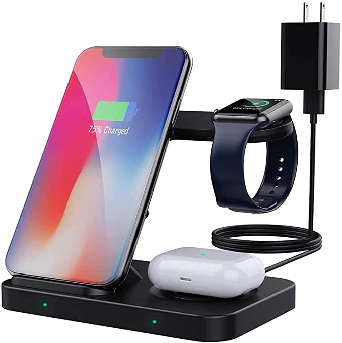 MoKo 3 in 1 Wireless Charger Stand, Qi 10W Dual Fast Charging Dock Station Compatible iPhone 12/12 Pro Max/12 Mini/SE 2020/11/XR/Apple Watch Series SE/6/5/4/3/2/Airpods Pro/2 (with QC3.0 Adapter)