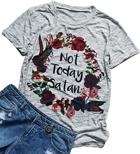NANYUAYA Not Today Satan Floral T Shirt Women Summer Funny Letter Print Tops Tees Casual Short Sleeve Vacation Shirts Tops
