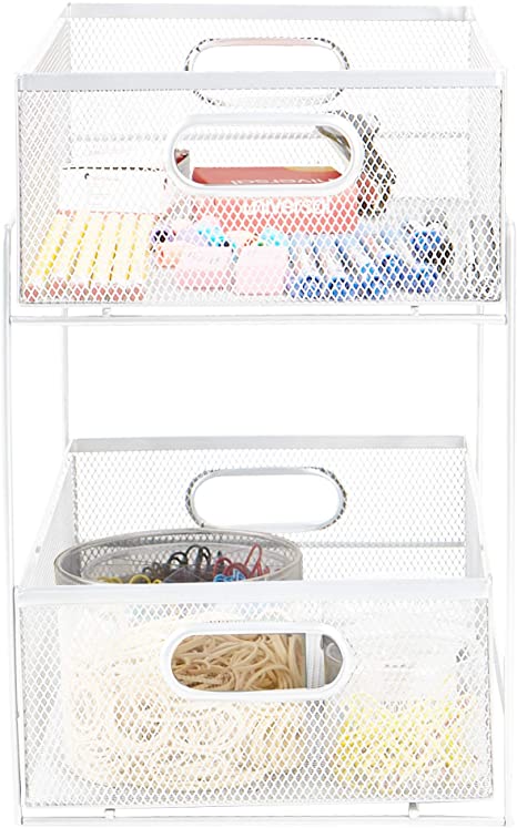 Mind Reader CABASK2T-WHT Sliding Metal Baskets, Cabinet Storage Organizer, Home, Office, Kitchen, Bathroom, One Size, White 2 Tier Mesh