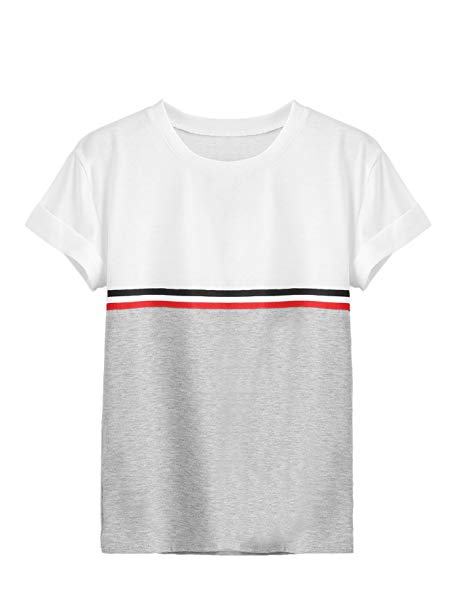 ROMWE Women's Cute Crop Top Striped Color Block Short Sleeve Tee Shirt