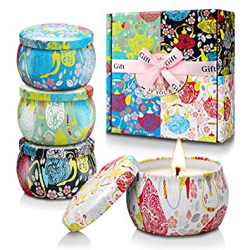Scented Candles Relaxation Candles Aromatherapy Candle Gift Set with Floral Tin Case for Women on Christmas, Festivals, Wedding, Party, Bedroom, Office (4 Pack)