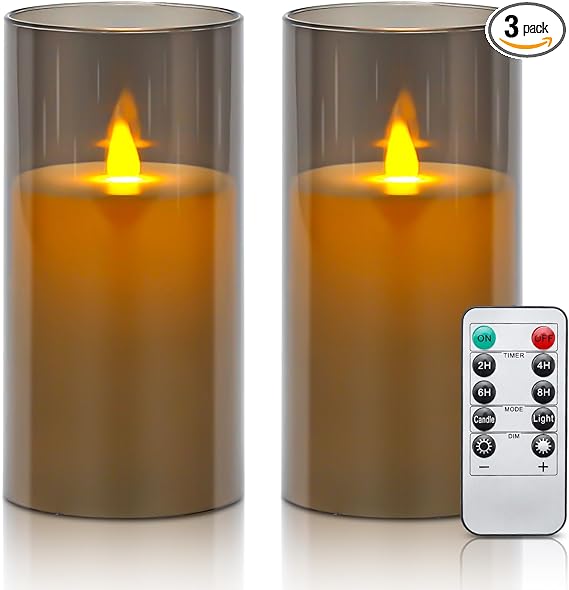 Aignis Flameless Candles Flickering Battery Operated Candles Pack of 2(D: 3" x H: 6H:6") LED Candles Made of Unbreakable plexiglass and Remote Control with 24-Hour Timer (Timeless Gray)