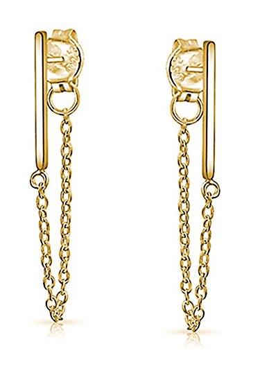 Modern Bar Earrings with Dangle Chain 925 Sterling Silver Studs in 14K Gold or Rhodium Flashed Finish