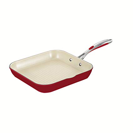 Tramontina 80110/060DS Gourmet Ceramica Deluxe Aluminum Square Grill Pan, PFOA- PTFE- Lead and Cadmium-Free Ceramic Exterior & Interior, 11-inch, Metallic Red, Made in Italy