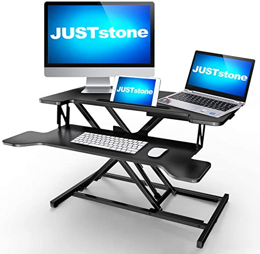 Standing Desk Converter Computer Workstation Adjustable Height, JUSTSTONE 32 inches Stand Up Desk Riser for Standing or Sitting Home Office with Removal Keyboard Tray Fits Dual Monitors (Black)
