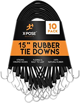 Rubber Bungee Cords with Hooks 10 Pack 15 Inch (27” Max Stretch) - Heavy-Duty Black Tie Down Straps for Outdoor, Tarp Covers, Canvas Canopies, Motorcycle, and Cargo - by Xpose Safety