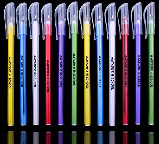 Matador Hi-School Fine Point Roll Gel Pens 0.5mm Ballpoint Medium Fineliner Tip - All Black Ink 12 pack - Comfort Rubber Grip Fun Colourful Designs - Writing Drawing School Office Diary (Black)