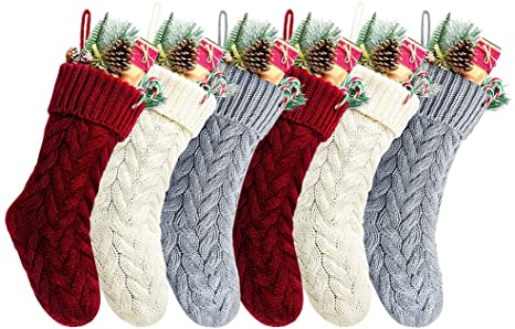 Kunyida 18 Inches Burgundy, Ivory, Gray Knitted Christmas Stockings,6 Pack