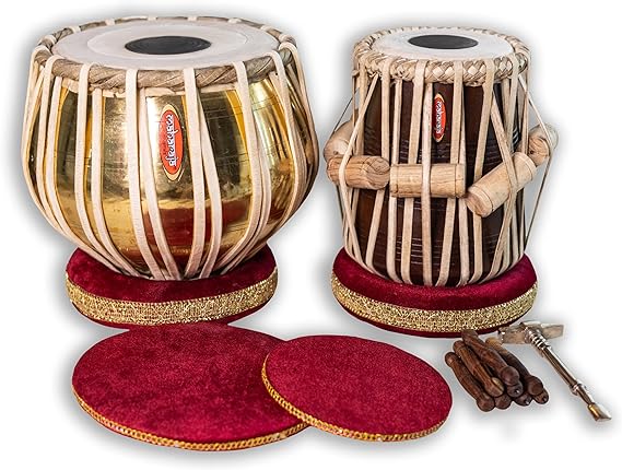 Tabla Set by Maharaja Musicals, Golden Brass Bayan 3Kg, Sheesham Dayan Tabla, Nylon Bag, Hammer, Cushions, Cover, Tabla Indian Drums (PDI-CH)