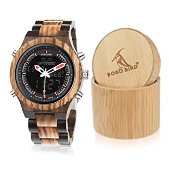 BOBO Bird Wooden Watches Dual Display Quartz Watch for Men LED Digital Army Military Sport Wristwatch