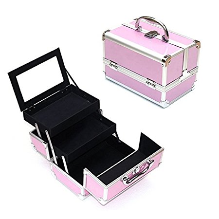 Ogima® Cosmetic Makeup Train Case with Mirror Cover Board and Easy Clean Extendable Trays, Smooth(Small Pink)
