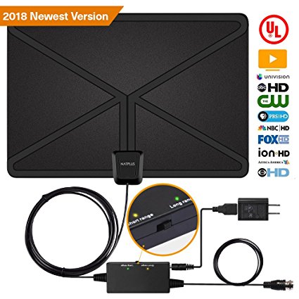 HDTV Antenna,Digital Antenna 1080P 4K Freeview Antenan 60-80 Miles with 2018 Newest Type Switch Console Amplifier Booster,16.5FT High-Performance Coaxial Cable,Useful UL Power Adapter