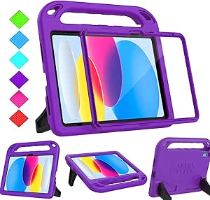 BMOUO Kids Case for iPad 10th Generation 10.9 inch 2022 - with Built-in Screen Protector, Shockproof Light Weight Covertible Handle Stand 2022 iPad 10th Generation Case for Kids Toddlers Girls, Purple