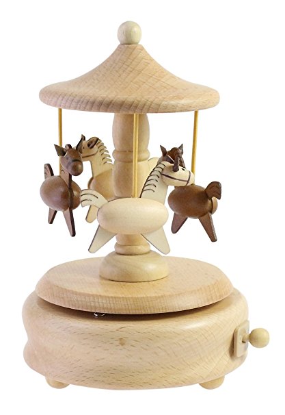 Cute Quality Made Wooden Musical Box Featuring Swivel Carousel With Little Horses | Plays "Castle in The Sky" Song