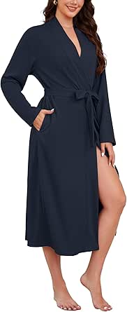 Bloggerlove Robes for Women Long Waffle Knit Bathrobe Lightweight Kimono Robe Loungewear Nightgown House Coat with Pockets