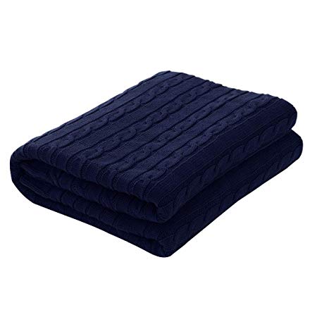 uxcell Super Soft 100% Cotton Cable Knit Blanket for Sofa and Couch,Lightweight Knitted Throw Blanket，Home Decorative Blanket, 60"x 78", Navy Blue