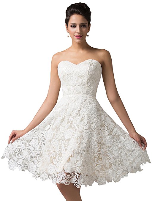 GRACE KARIN Women's Off White Lace Short Bridal Prom Gown Wedding Evening Dress