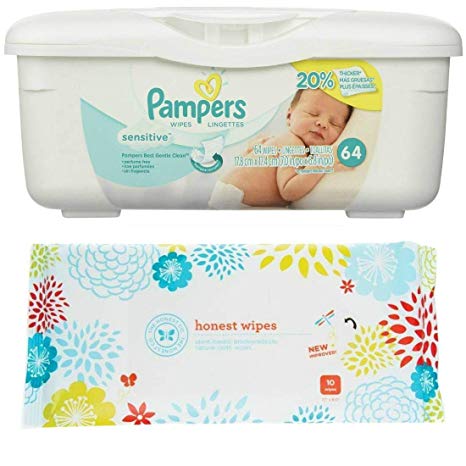 Pampers Sensitive Wipes Tub (64 ct) Bundle with Honest Company Baby Wipes (10 ct)