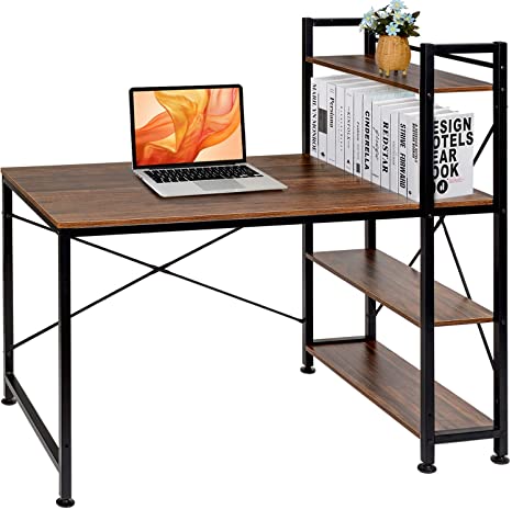 VECELO Computer Desk with 4 Tier Shelves Wooden Home Office Table PC Laptop Workstation for Game Study,Brown