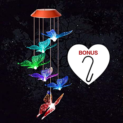 Wind Chimes Outdoor,Solar Light LED Color Changing Hanging Wind Light Waterproof Mobile Spiral Spinner Lamp Outdoor Decorative Light for Garden Yard Room(Butterfly)