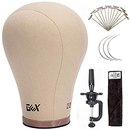GEX Canvas Block Cork Wig Mannequin Head for Wig Making Drying Styling Display with Table C Stand Clamp Holder&GEX Wig Grip(Light Brown 22" Set)